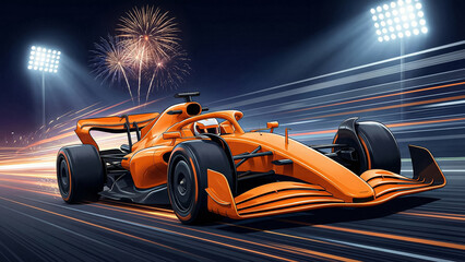 Naklejka premium orange racing car on a night track with speed effect and fireworks in the background bright spotlights formula one grand prix f1 one 2026 festive race professional motorsport night show