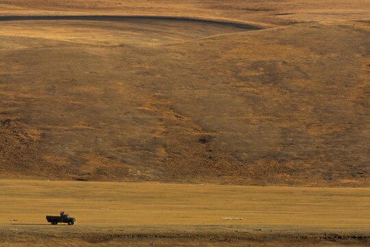 A dark vintage cargo truck drives across a vast, golden grassy plateau in a remote wilderness, under soft afternoon light highlighting rolling hills.