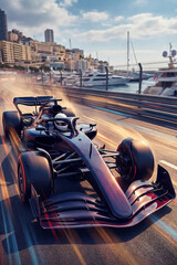 Fototapeta premium formula 1 car racing on monaco city street track with yachts and sunny harbor