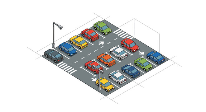 An isometric pixel art illustration of a full parking lot with various colorful cars parked in designated bays with arrows and crosswalks.