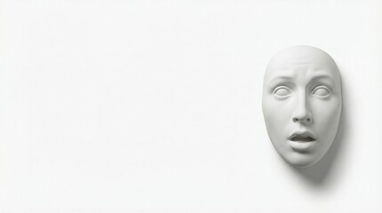 Minimalist white plaster face with surprised expression on clean negative space background