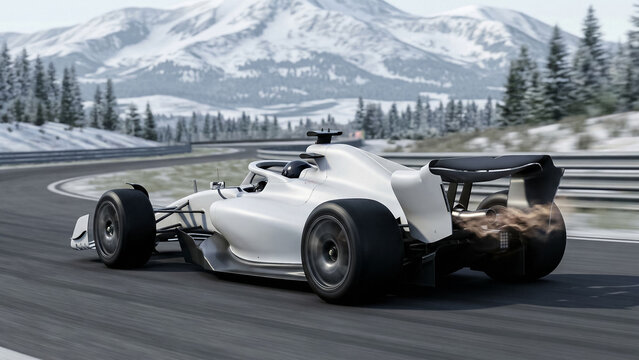 white modern bolide entering a turn on a mountain track surrounded by coniferous forest and snowy peaks with smoke from the back creating a feeling of reality and high performance for racing