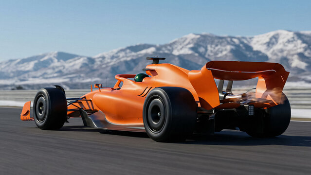 rear view of a formula one bolide in orange racing along the track against the background of mountain ranges with fire and smoke bursting from the exhaust system for engine power