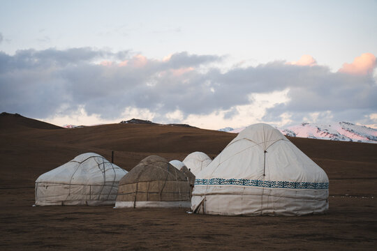Yurts in the scenic landscape of Kyrgyzstan
