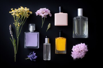 Assorted perfume bottles and colorful flowers on black background