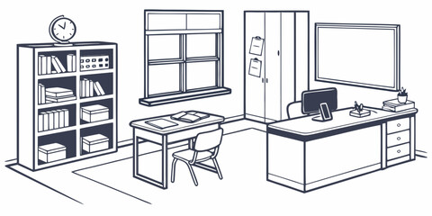 Fototapeta premium A spacious office room with a desk, chair, shelves, and a window. Vector