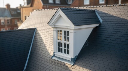 High angle view of a white dormer window with multiple panes on a dark gray shingle roof