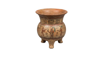 Ancient Maya Tripod Vessel with Painted Glyphs and Ritual Scene of Figures, Pre-Columbian Mesoamerican Ceramic Art, Archeological Artifact
