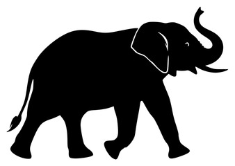 Obraz premium A silhouette of an elephant walking on a plain , baby elephant, black, elephant, illustration, profile, stand, tusk, walk, against transparent background
