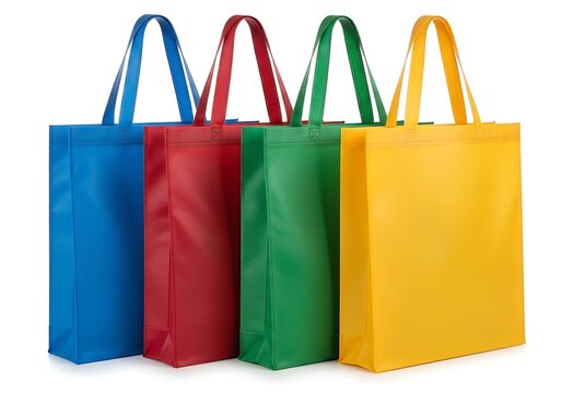 Four reusable shopping bags in primary colors isolated on a clean white background for retail