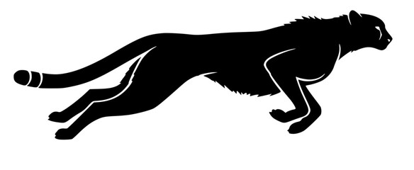 A black silhouette of a cheetah running across a grassy hill, black, cat, catamount, cheetah, grass, illustration, jump, profile, run, against transparent background © Guli Studio