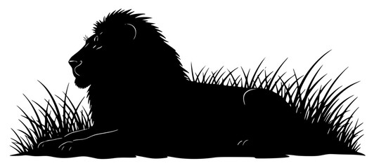 A black and white silhouette of a lion sitting in the grass, animal, black, floor, grass, illustration, lay, lion, mane, profile, sit, against transparent background © Guli Studio