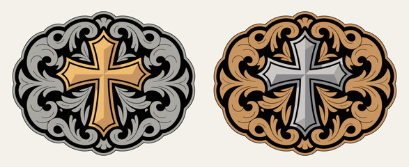 Cross badge vector illustration stylized western rodeo cowboy belt buckle design with ornate floral frame vintage metal emblem rustic heritage symbol artwork decorative classic icon