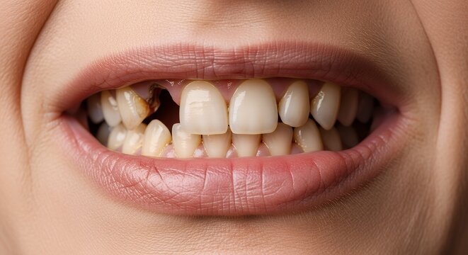 Unhealthy Human Mouth Revealing a Missing and Decayed Tooth with Yellowed Teeth