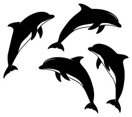 Obraz premium A set of four silhouettes of dolphins jumping in different poses, black, dolphin, illustration, jump, marine, pod, profile, against transparent background