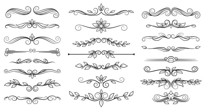 An elegant set of vintage calligraphic dividers and text separators, featuring hand-drawn swirls, leaves, and floral filigree elements.