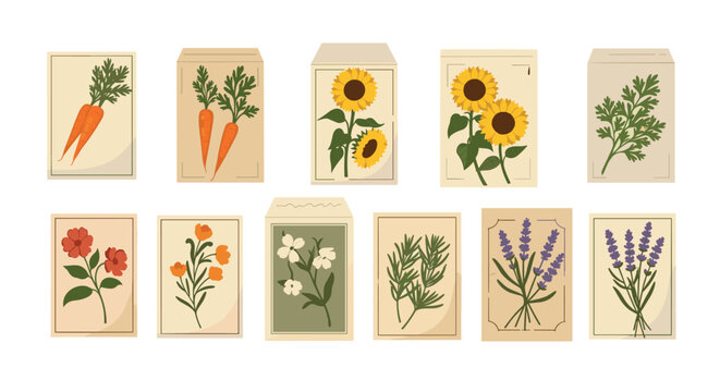 A collection of eleven vintage-style seed packets with pixelated illustrations of plants is arranged on a white background.