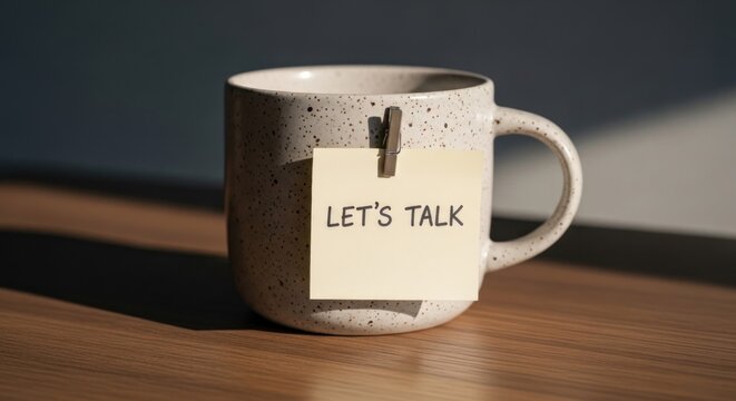 A speckled mug with a note attached "LET'S TALK.