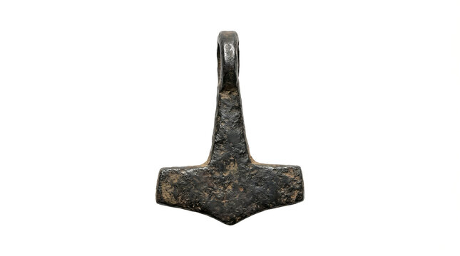 Ancient Iron Mj&ouml;lnir (Thor's Hammer) Pendant, an Authentic Viking Age Artifact Symbolizing Norse Mythology and Protection on a White Background