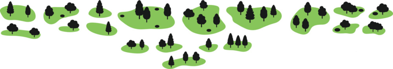 Stylized forest landscape vector illustration, scattered green land patches with diverse black tree silhouettes representing ecological vegetation distribution