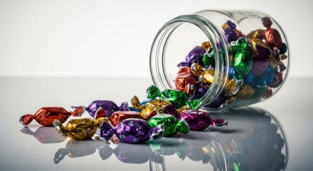 Fototapeta premium Brightly colored, individually wrapped candies spilling from a glass jar