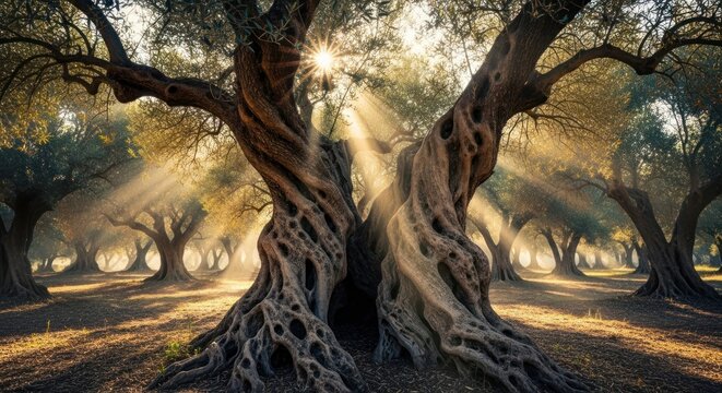 Ancient gnarled olive trees bathed in warm sunlight