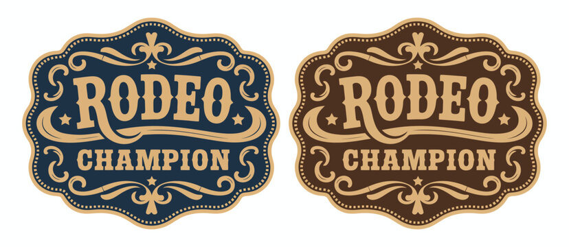 Rodeo champion cowboy label belt buckle featuring bull rider medal ornate typographic emblem vintage western vector design with decorative engraving rustic heritage style illustration
