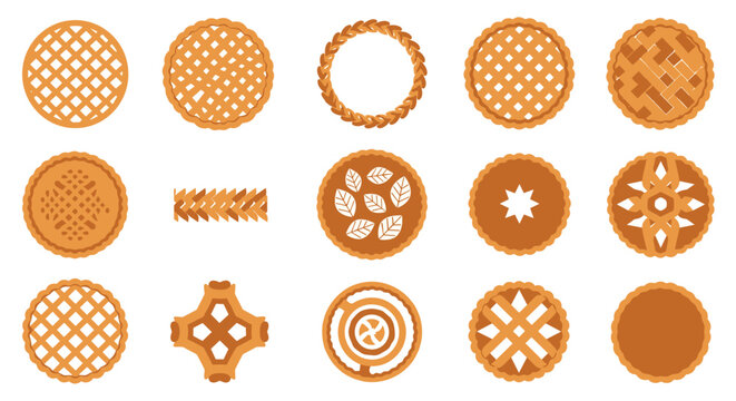 A diverse collection of fifteen different pie crust designs, including lattice, braided, and cutout patterns, isolated on a clean white background for culinary design.