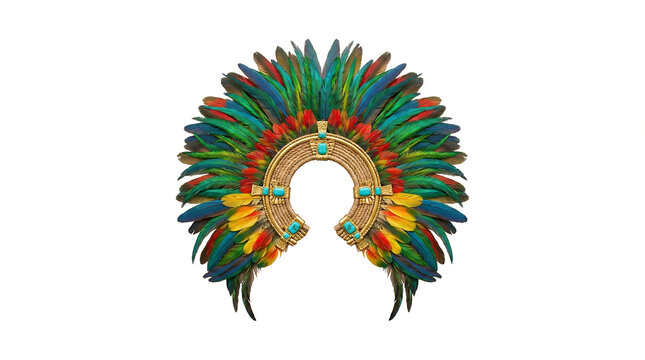 Ornate Indigenous Feather Headdress (Penacho) with Vibrant Macaw Plumes and Turquoise Accents, Symbolizing Amazonian and Mesoamerican Cultural Heritage, Isolated on White.
