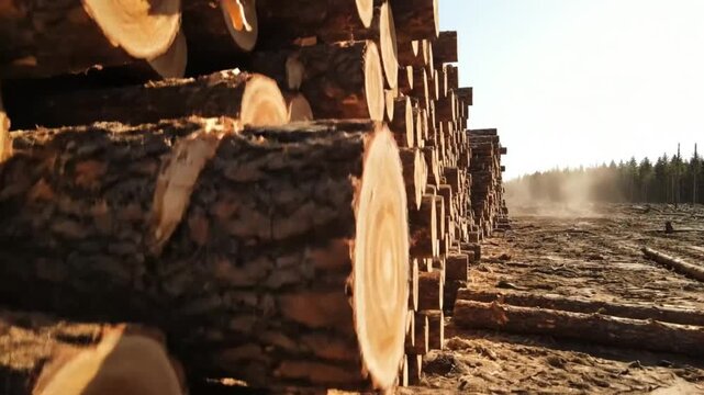 Low angle view of stacked tree logs at a lumber yard with forest in the background on a sunny day