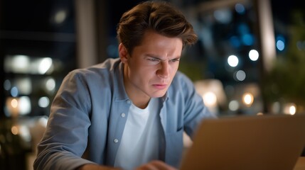 Obraz premium Person angrily writing hateful comments on social media at night with glowing screen, ideal for wrath sin concept, online anger, cyberbullying awareness, digital behavior, modern psychology,