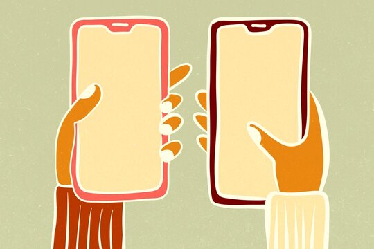 Illustration of diverse hands holding smartphones