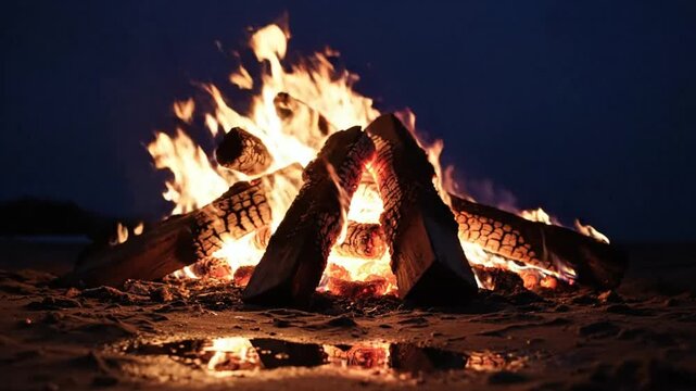 Burning campfire on sandy ground at night with flames dancing in the darkness under a dark blue sky