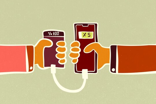 Illustration of phones sharing power through a cable