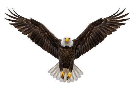 Bald eagle flying towards camera with outstretched wings isolated on a transparent background