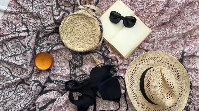 Objetos de playa en flat lay con giro spin