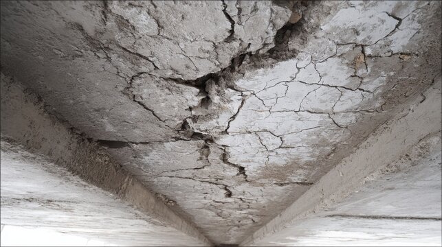 Severely cracked and damaged concrete ceiling showing extensive structural deterioration.
