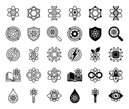 Modern hybrid science icons merging atomic structures with biological DNA strands technology symbols and nature elements in linear and solid styles