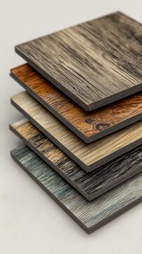 Stack of various wood grain flooring samples isolated on white background