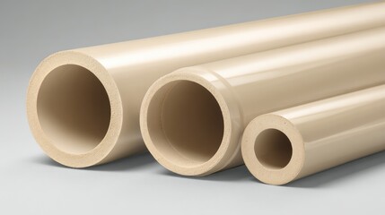 Fototapeta premium Three beige industrial pipes of varying sizes with textured inner surfaces, lying horizontally on a light grey background.