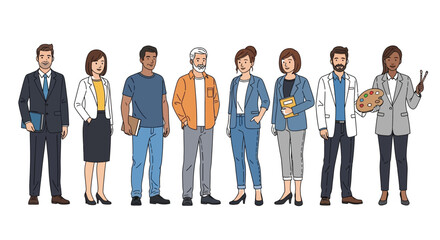 Obraz premium Diverse group of business professionals and creatives standing together, showcasing various career paths and inclusivity.