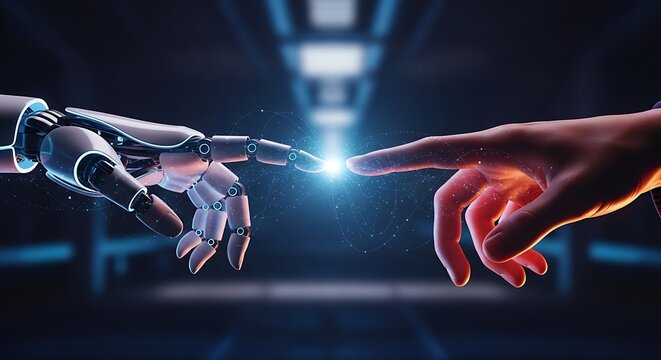 A robotic hand and a human hand touching with a bright light in between