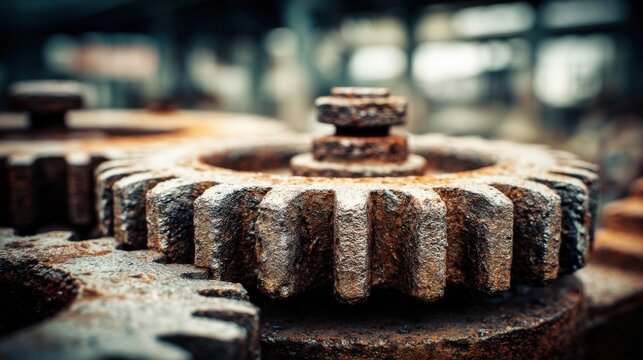 Close-up view of ancient rusty metal gears, some seized and unmoving within an industrial setting