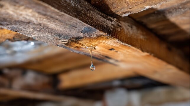 Water droplet leaking from a rotting wooden beam in a damp attic or crawl space, showing home roof leak damage.