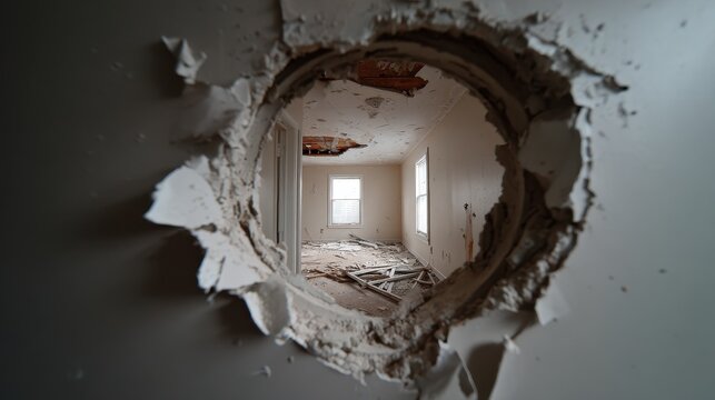 View through a large jagged hole in a broken wall into a dilapidated and damaged room of an abandoned house