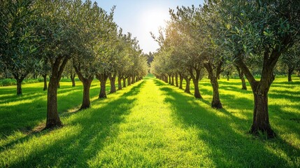 Fototapeta premium Sunlit olive grove with neat rows of trees and lush green grass