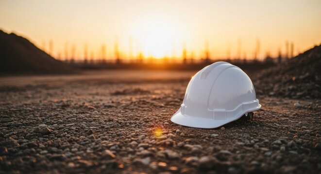 White hard hat rests on dusty ground at sunrise on a construction site