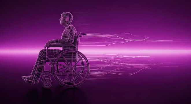 Wireframe figure in wheelchair moves fast with light streaks