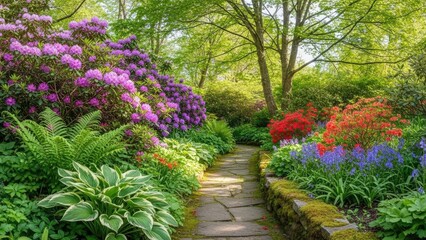 A serene garden pathway surrounded by vibrant flowers and lush greenery