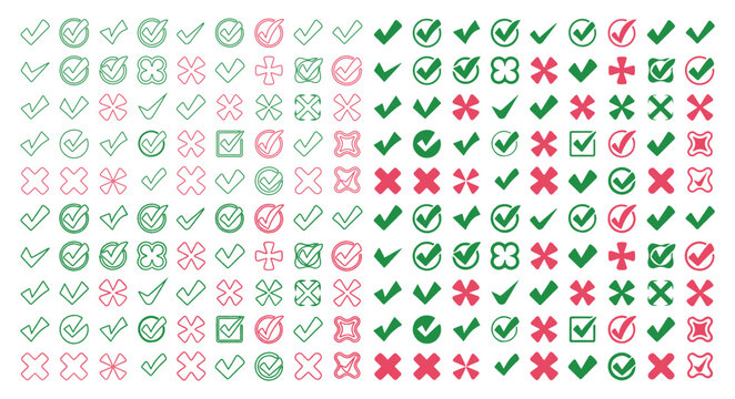 Green check mark and red cross icon set, circle and square. Tick symbol in green color. Hand drawn checkmark illustration
